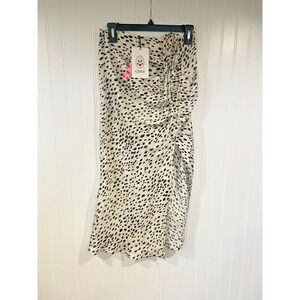 Cider Skirt Women's Small Beige Black Leopard Print Cream Drawstring Split Satin